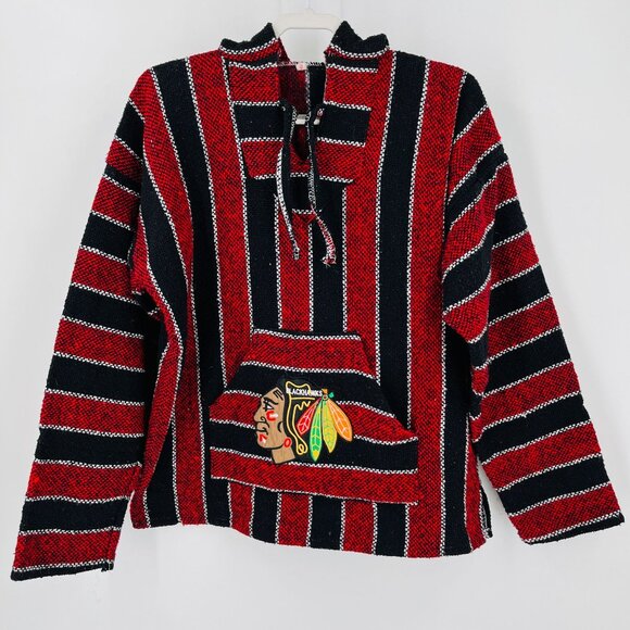 Baja Jacket SIze L Blackhawks Logo Red Black Stripe Hooded Pocket Pullover - Picture 1 of 9